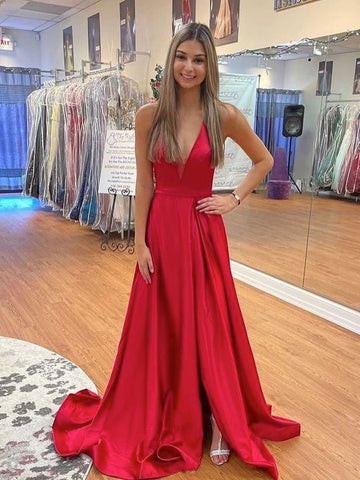 Schlichtes, langes, rückenfreies A-Linien-Abschlussballkleid aus Satin mit V-Ausschnitt und hohem Schlitz