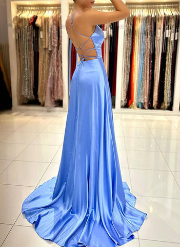 Simple Long A-Line V-Neck Sleeveless Satin Prom Dress With Split