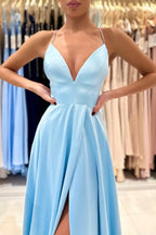 Simple Long Blue A-line V-neck Sleeveless Satin Evening Dress With Slit