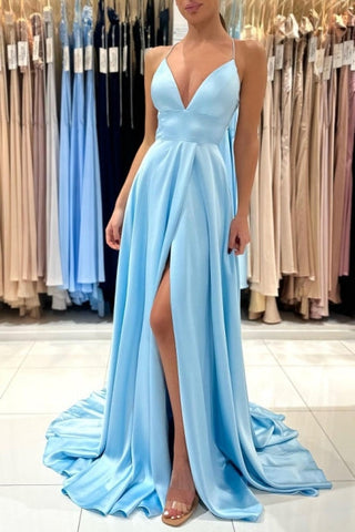 Schlichtes langes blaues ärmelloses Satin-Abendkleid in A-Linie mit V-Ausschnitt und Schlitz