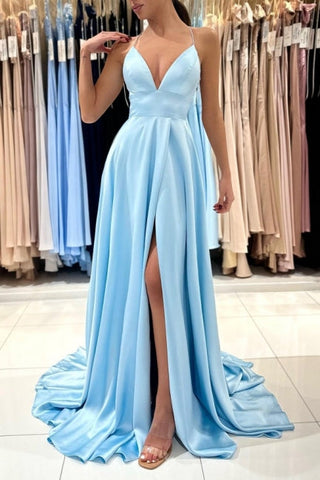 Schlichtes langes blaues ärmelloses Satin-Abendkleid in A-Linie mit V-Ausschnitt und Schlitz