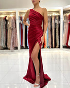 Simple Long Burgundy One Shoulder Satin Mermaid Evening Dresses With Slit