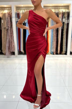 Simple Long Burgundy One Shoulder Satin Mermaid Evening Dresses With Slit