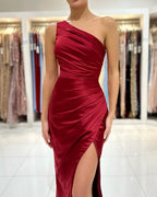 Simple Long Burgundy One Shoulder Satin Mermaid Evening Dresses With Slit