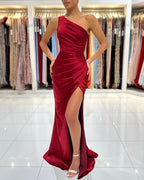 Simple Long Burgundy One Shoulder Satin Mermaid Evening Dresses With Slit