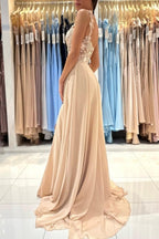 Simple Long Champagne A-line Lace Sleeveless Evening Dresses With Slit