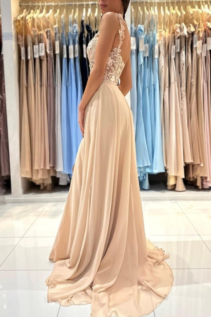 Simple Long Champagne A-line Lace Sleeveless Evening Dresses With Slit