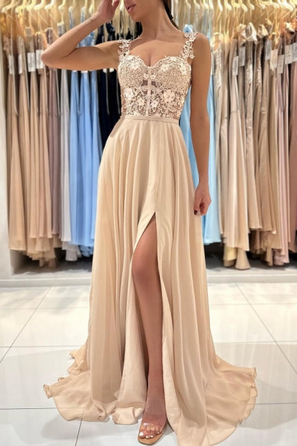 Simple Long Champagne A-line Lace Sleeveless Evening Dresses With Slit