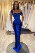 Vestido de Fiesta Real Azul Sencillo Largo de Sirena Satinado Sin Mangas