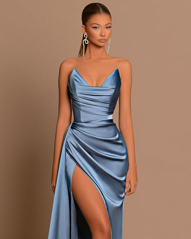 Simple Mermaid Satin Sweetheart Long Prom Dress with Slit