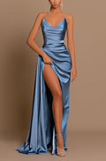 Vestido Largo de Gala Sirena Sencillo de Satén con Escote Corazón y Abertura