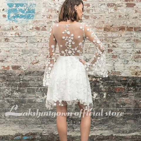 NumberSea Schlichte neue A-Linie Spitze kurze knielange transparente Brautkleider