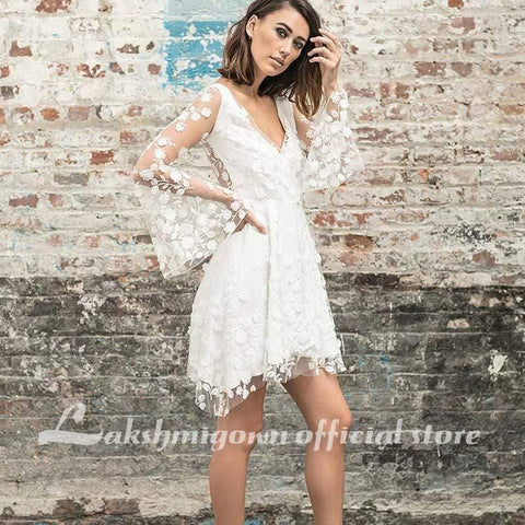 NumberSea Schlichte neue A-Linie Spitze kurze knielange transparente Brautkleider