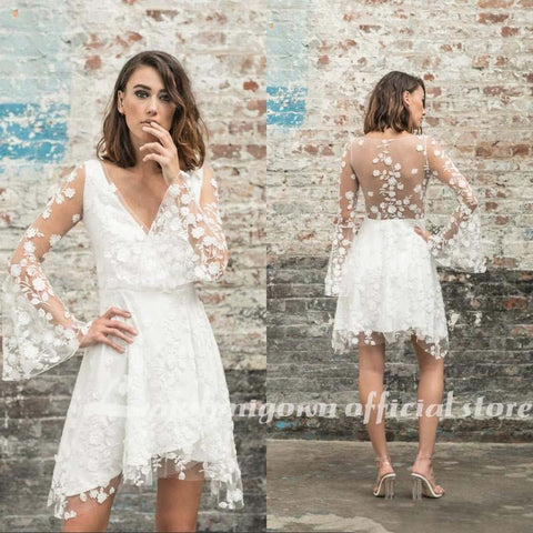 NumberSea Schlichte neue A-Linie Spitze kurze knielange transparente Brautkleider
