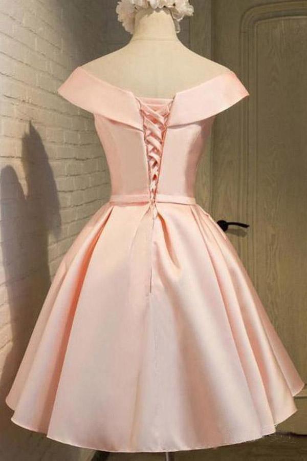Simple Off the Shoulder Blush Homecoming Dresses Satin Graduation Dress PD288