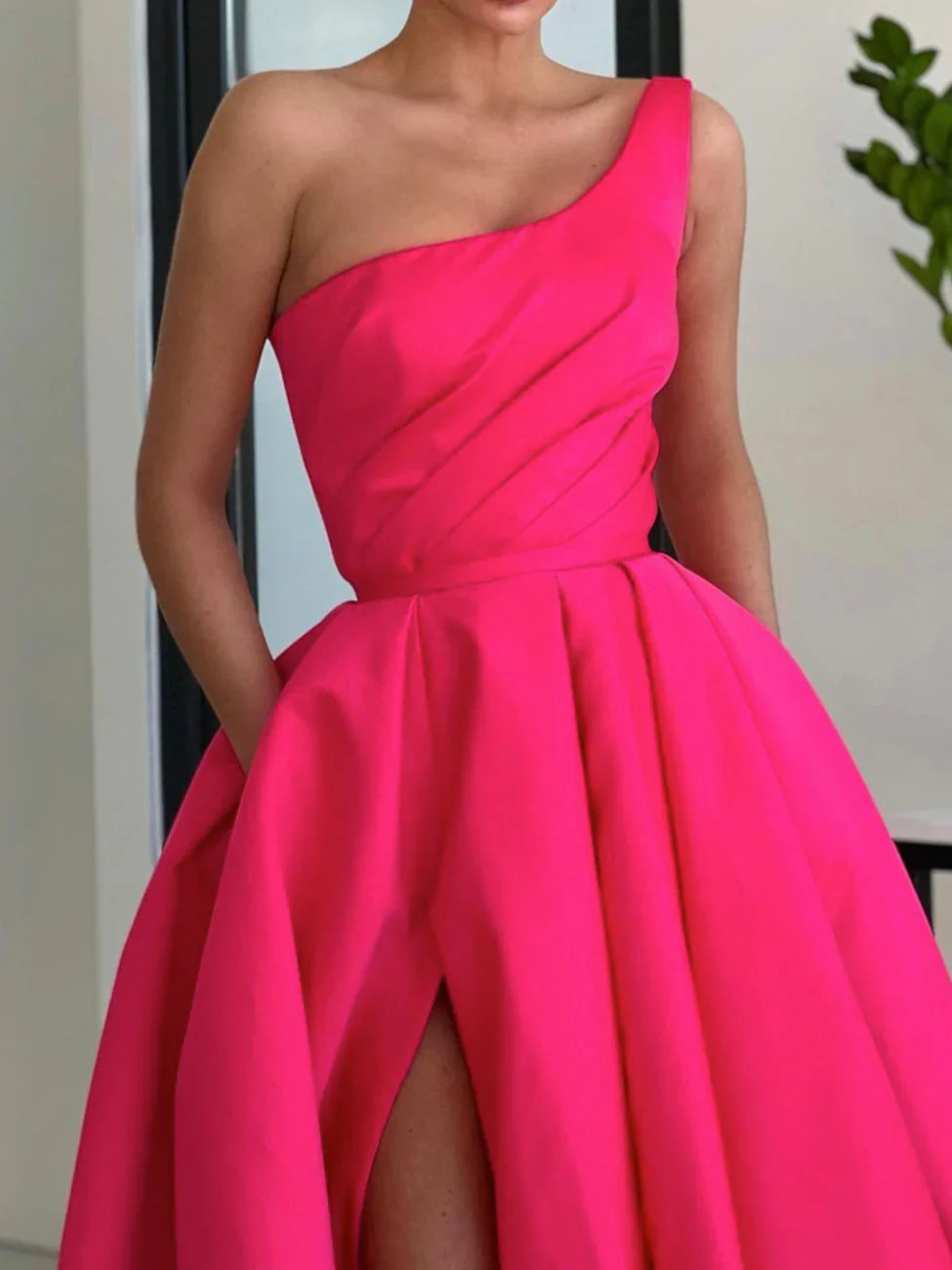 Simple One Shoulder Long High Slit A-Line Satin Evening Dress