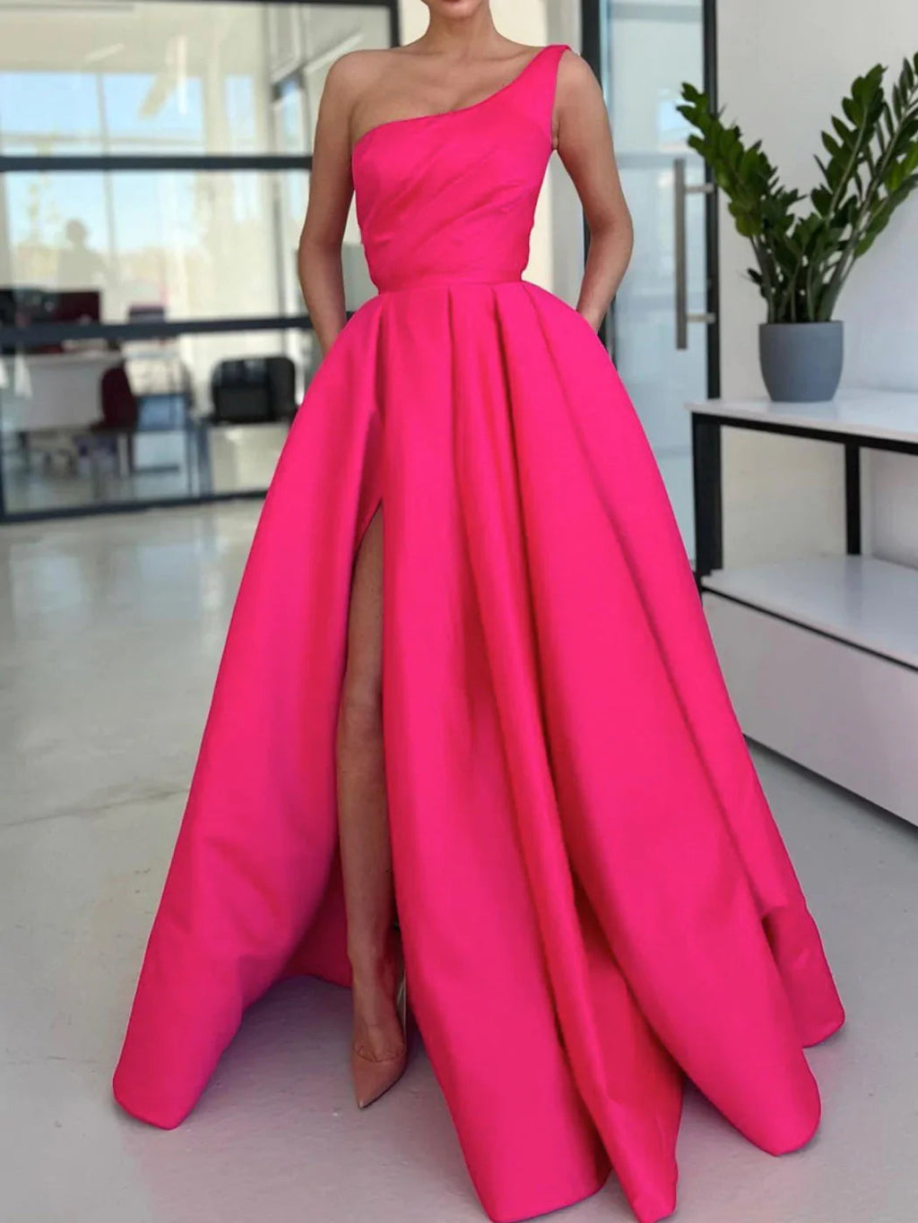 Simple One Shoulder Long High Slit A-Line Satin Evening Dress