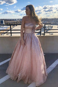 Vestido de Fiesta Largo Simple Rosa Línea A Sin Tirinas Brillante Tul Formal para Prom