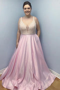 Einfaches langes Ballkleid aus rosa Satin mit Taschen und Perlen in Übergröße PG838