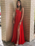 Robe de bal longue en mousseline rouge simple, dos nu, coupe A avec fente sur la cuisse