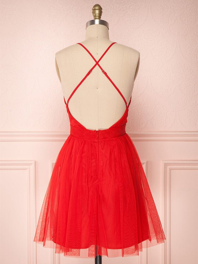 Vestidos curtos de baile de finalistas em tule, decote em V, simples, vermelho