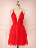 Robe de bal ou de rentrée courte en tulle, rouge simple, dos nu, col en V et coupe évasée