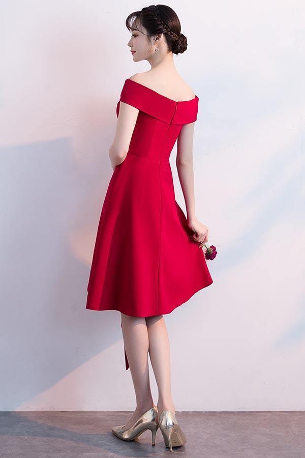 Simple Red Satin Off The Shoulder Homecoming Dresses Party Dresses PD090
