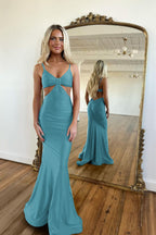 Schlichtes königsblaues langes Meerjungfrau-Abendkleid mit Spaghettiträgern