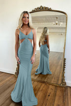 Schlichtes königsblaues langes Meerjungfrau-Abendkleid mit Spaghettiträgern