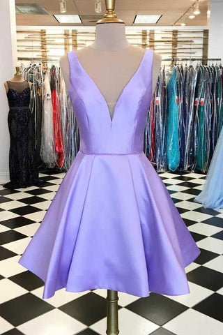 Einfaches kurzes Satin-Ballkleid, Lavendel, Heimkehrkleid, PD319