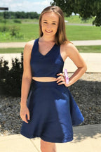 Einfach Satin Zweiteilig Kurzes Königsblau Homecoming-Kleid PD309