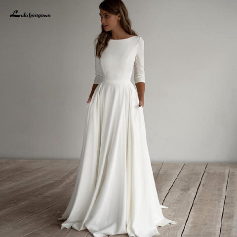 NumberSea Einfache Satin Brautkleid A-Linie 3/4 Ärmel Strand