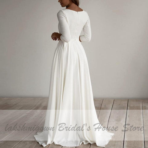 NumberSea Einfache Satin Brautkleid A-Linie 3/4 Ärmel Strand