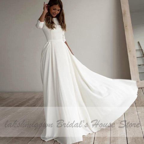 NumberSea Einfache Satin Brautkleid A-Linie 3/4 Ärmel Strand