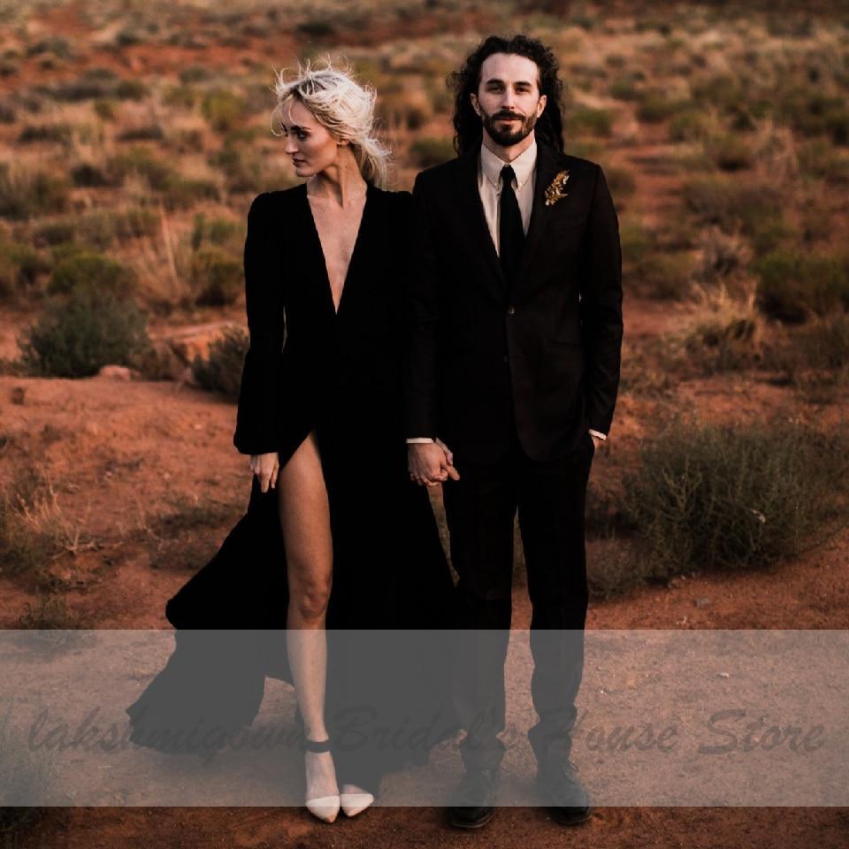 NumberSea Simple Sexy Black Wedding Dress Long Sleeves