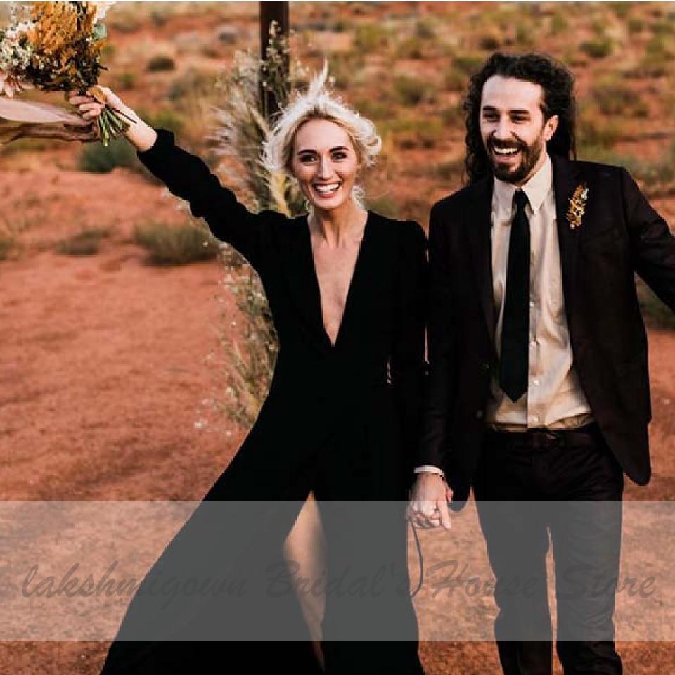 NumberSea Simple Sexy Black Wedding Dress Long Sleeves