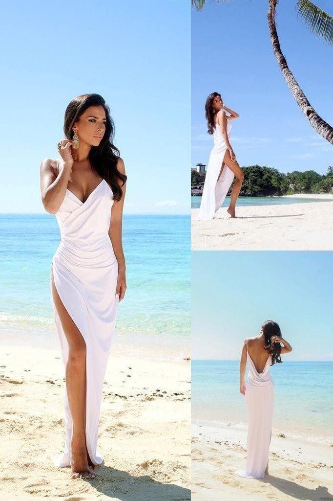 Einfaches, verführerisches Brautkleid mit offenem Rücken, Seitenschlitz und Trägern für den Strand