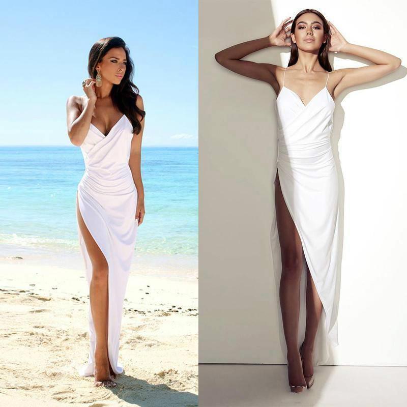 Einfaches, verführerisches Brautkleid mit offenem Rücken, Seitenschlitz und Trägern für den Strand