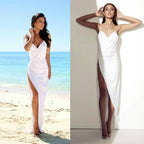 Einfaches, verführerisches Brautkleid mit offenem Rücken, Seitenschlitz und Trägern für den Strand