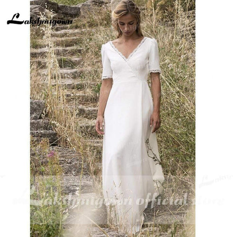 NumberSea Schlichtes Brautkleid mit kurzen Ärmeln und V-Ausschnitt, Strand-Schleppe
