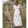 Robe de mariée simple à manches courtes et col en V avec traîne balayée de plage NumberSea