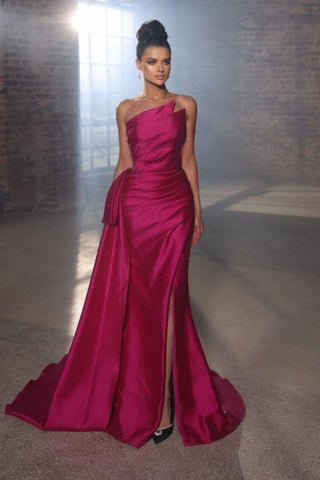 Einfache ärmellose Abendkleider Fuchsia Lange Ballkleider mit Schlitz