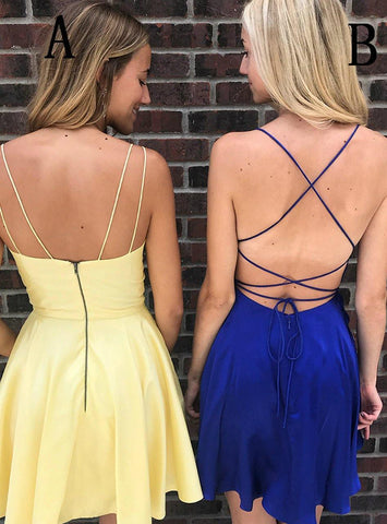 Einfaches kurzes Homecoming-Kleid mit Spaghettiträgern in Gelb/Königsblau PD275