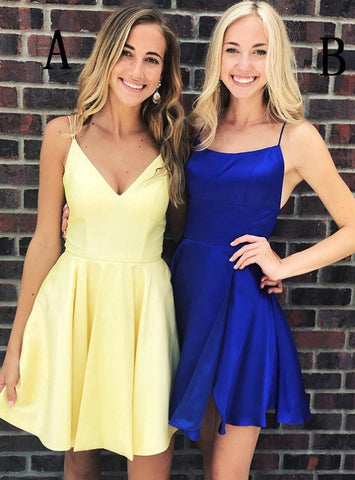 Einfaches kurzes Homecoming-Kleid mit Spaghettiträgern in Gelb/Königsblau PD275