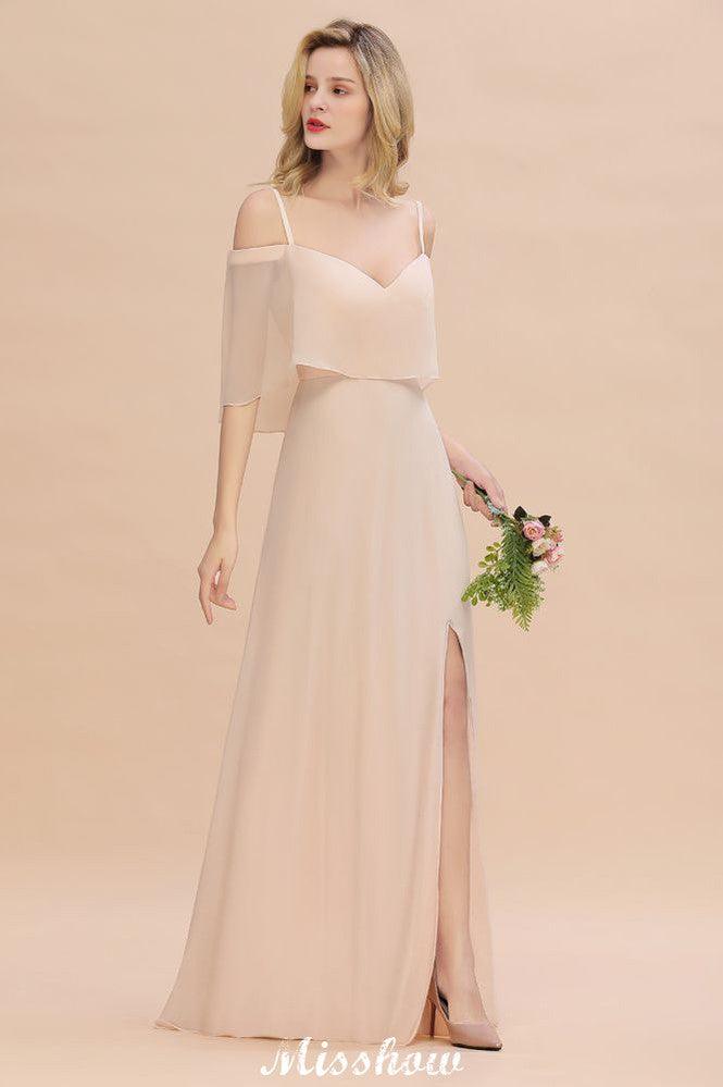 Simple Spaghetti Straps Tiered Bridesmaid Dresses | Side Slit A-Line Sleeveless Evening Maxi Dresses