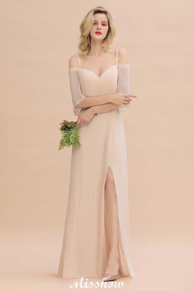 Simple Spaghetti Straps Tiered Bridesmaid Dresses | Side Slit A-Line Sleeveless Evening Maxi Dresses