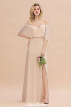 Simple Spaghetti Straps Tiered Bridesmaid Dresses | Side Slit A-Line Sleeveless Evening Maxi Dresses