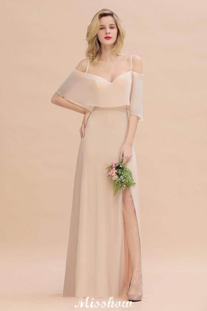 Simple Spaghetti Straps Tiered Bridesmaid Dresses | Side Slit A-Line Sleeveless Evening Maxi Dresses