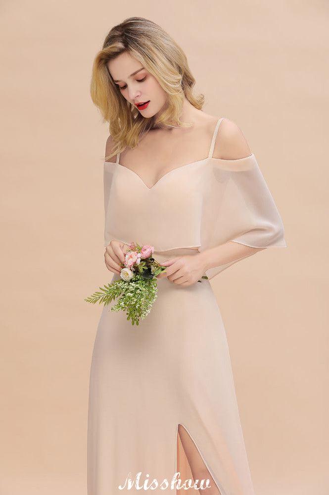 Simple Spaghetti Straps Tiered Bridesmaid Dresses | Side Slit A-Line Sleeveless Evening Maxi Dresses