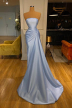 Simple Strapless Mermaid Evening Dresses Long Blue Prom Dresses